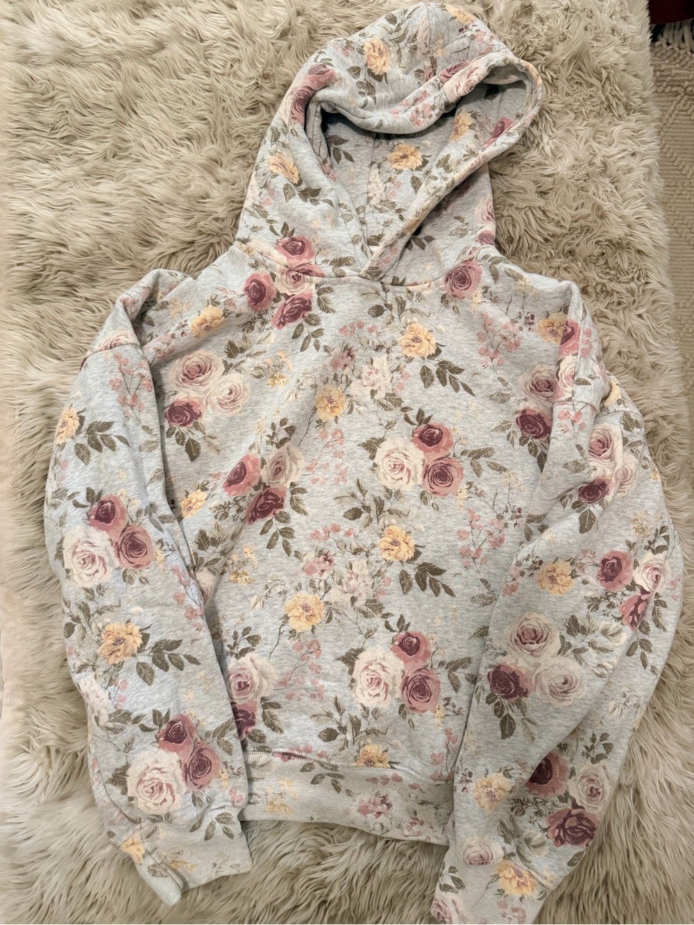 Abercrombie & Fitch Grey Floral Teddy Hoodie with Pink & Yellow Roses